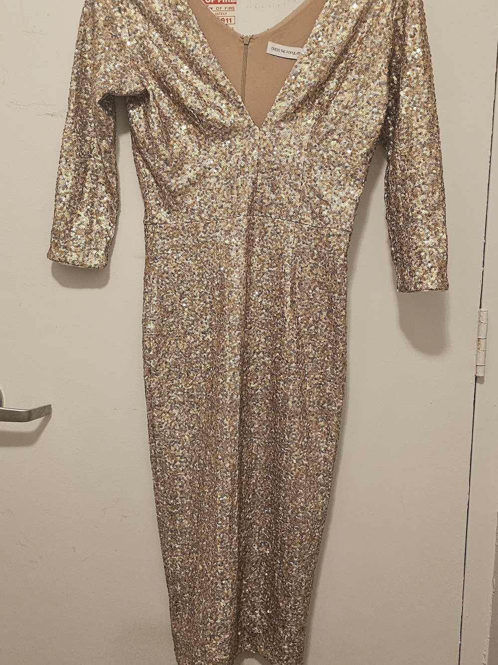 Dress the Population Gold Sequin V-Neck Long Sleeve Midi Dress
